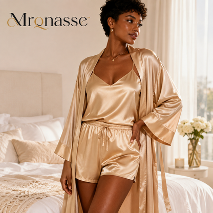 Mrqnasse™ Women's 3-Piece Satin Lounge Set – Cami Top, Sleep Shorts and Matching Robe