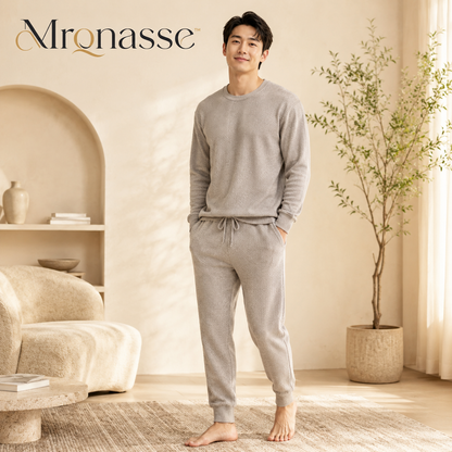 Mrqnasse™ Men's Waffle-Knit Lounge Set – Long Sleeve Crew Top and Tapered Sleep Pants