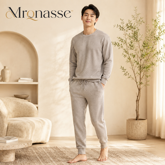 Mrqnasse™ Men's Waffle-Knit Lounge Set – Long Sleeve Crew Top and Tapered Sleep Pants