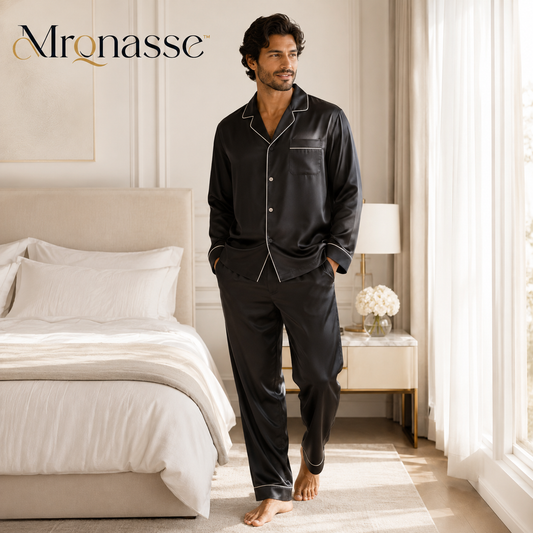 Mrqnasse™ Men's Classic Satin Pajama Set – Button-Down Sleep Shirt and Full-Length Lounge Pants